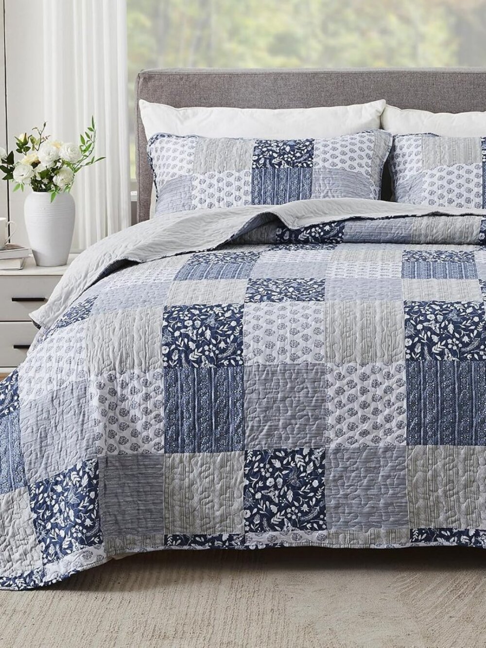 Navy Blue Gray Oversized King Quilt Set 128x120, 3 Piece Quilted Bedspread Set P